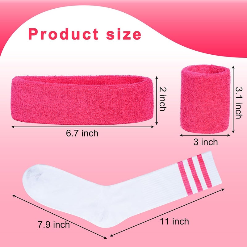 Sucrain 5 Pieces Striped Sweatbands and Socks Set, Sports Sweatbands Wrist Sweat Bands Red, White& Blue High Tube Socks 80s Accessories Costumes for Men Women - Image 2
